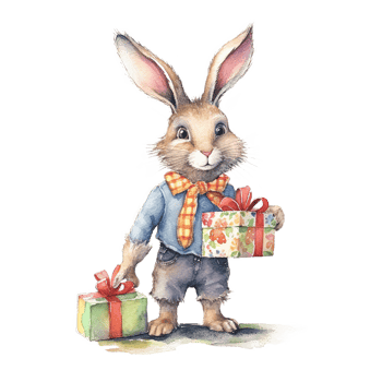 Watercolor rabbit with gift box. Illustration png