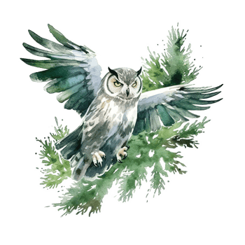 Green watercolor owl. Illustration png