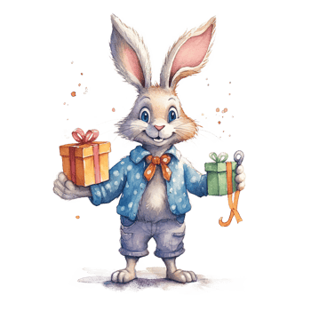 Watercolor rabbit with gift box. Illustration png