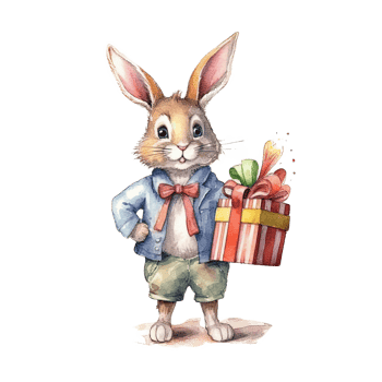 Watercolor rabbit with gift box. Illustration png