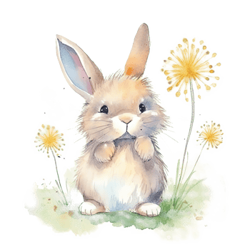 Rabbit blowing dandelion watercolor. Illustration png