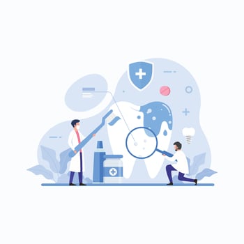 Dentist concept. Dental doctor in uniform treating human teeth using medical equipment vector