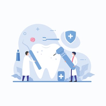 Dentist concept. Dental doctor in uniform treating human teeth using medical equipment vector