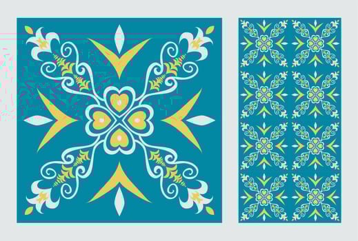 Ethnic floral square tile pattern. Two ornaments set of ethnic geometric floral shape seamless pattern colorful Moroccan style. Mediterranean pattern use for textile, home decoration elements. vector