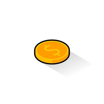 Gold coin right view Black Stroke and Shadow icon vector isometric. Flat style vector illustration.