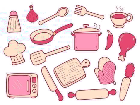 Set of cooking doodle elements vector illustration with cute pink design isolated on white background