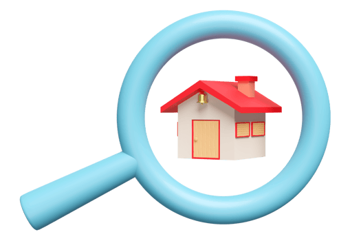 3d red house with magnifying glass icon isolated. online shopping, search data, Buying a house, renting, the desired location concept, 3d render illustration png