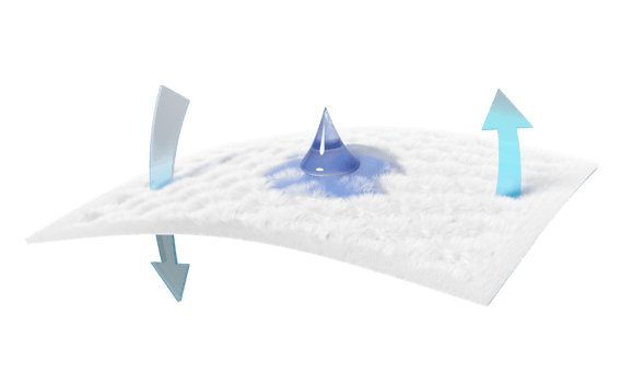 3d water droplets on absorbent pad, synthetic fiber hair with arrow ventilate shows isolated. support cooling concept, 3d render illustration png