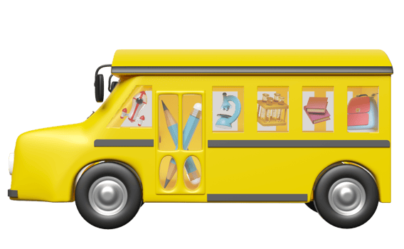 vehicle for transport students isolated. 3d yellow school bus cartoon sign icon, accessories with microscope, book, bag, pencil, school supplies, back to school 3d render png