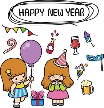 illustration isolated set cartoon happy new year with kid girl vector