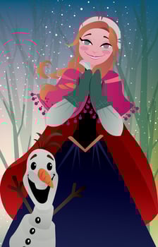 Cute Girl in Winter with Her Snowman Friend vector