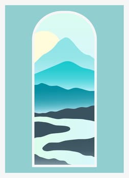 Mountain landscape view gradient illustration poster. Bright vibrant colors - panoramic mountains and hills - a4 background art. Asian mountains template vector