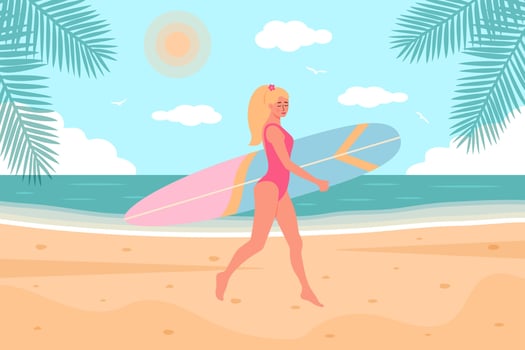 Woman in swimsuit with surfboard walking on the beach. Tropical palm leaves around. Summertime, seascape, active sport, surfing, vacation concept. Flat cartoon vector illustration.