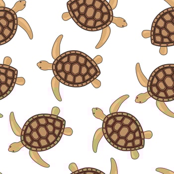 Turtle brown seamless pattern, beautiful character. Underwater, marine wild turtles isolated on white. vector