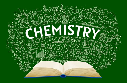 Chemistry textbook on school chalkboard background vector