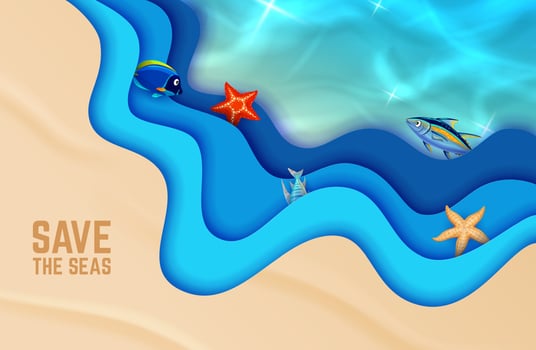 Sea wave paper cut banner, vector 3d background