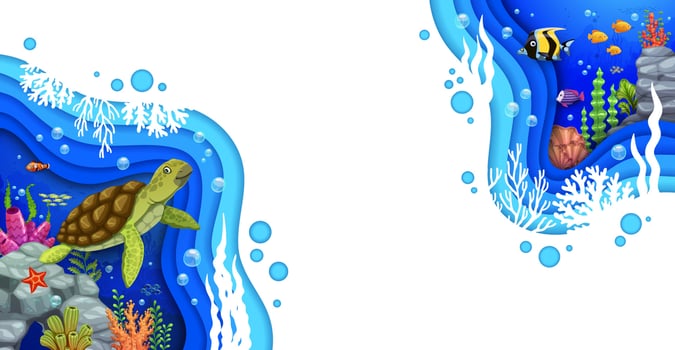 Cartoon underwater paper cut landscape with turtle vector