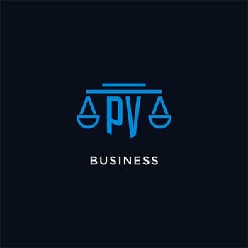 PV monogram initial logo with scales of justice icon design inspiration vector