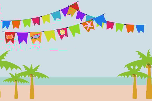 Beach garland bunting sea animal  with coconut tree  blue ocean background border frame  with cute starfish, fish, shall decoration vector illustration.Tropical vacation holiday scene with Copy space.