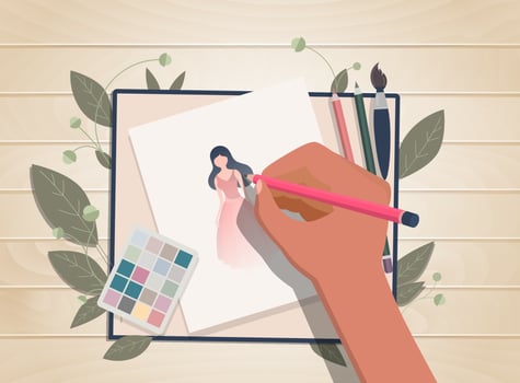 Artist draws with a pencil on paper top view. Vector illustration