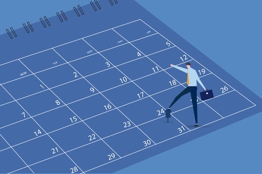 End of the month for salaryman concept, tiny office worker, guy standing on pin and looking at number 31, waiting days to get paid and pay days.vector illustration. vector