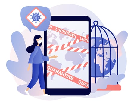 Lockdown in world countries. Danger zone. Warning stripes quarantine with Earth map. Planet Earth in cage. Stop COVID-19 Coronavirus. Modern flat cartoon style. Vector illustration on white background