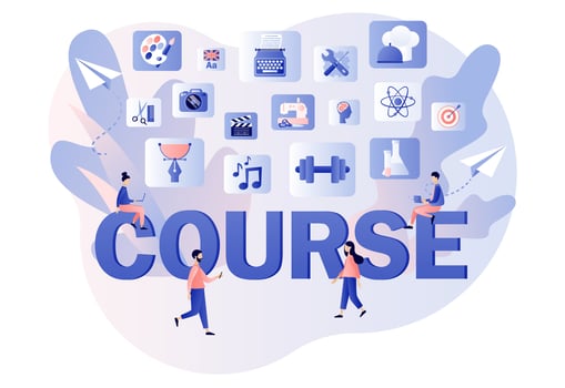 Variety online courses. Distance education. E-learning concept. Tiny people learn, watch webinars on online service or platform. Modern flat cartoon style. Vector illustration on white background