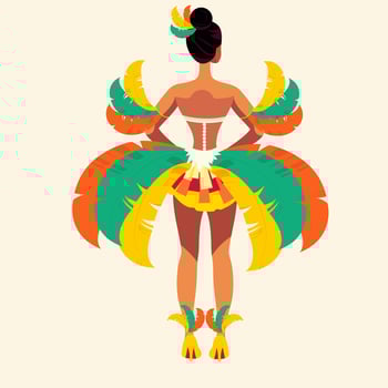 Rear View of Feather Headdress Wearing Brazilian Female Character In Standing Pose on Pale Yellow Background. Carnival Or Samba Dance Concept. vector