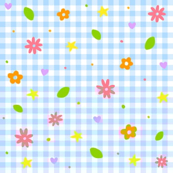 Cute Doodle Flower Floral Ditsy Leaf Star Mini Heart Confetti Sprinkle Sparkle Shine Dot Color Colorful Pastel Blue Gingham Scott Checkered Plaid Tartan Seamless Pattern Spring Summer Background vector