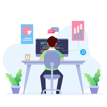 Data analysis design concept. Analysts working. people and laptop screen with data analysis graphs ansd charts. Trendy flat style Vector illustration.