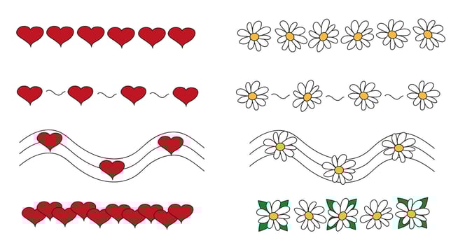 Doodle divider with heart and chamomile. Vector ornaments and garlands with decorative elements. Dividers set love hearts and flowers for notebooks, diary, banners