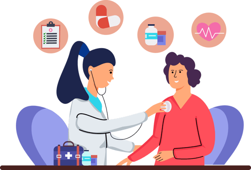 illustration of a female doctor examining a patient in a clinic. illustration of a female patient checking her health to the doctor png