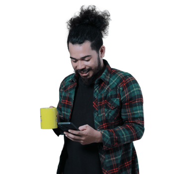 expression of curly haired man holding a coffee cup png