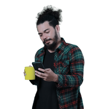 expression of curly haired man holding a coffee cup png