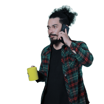 expression of curly haired man holding a coffee cup png