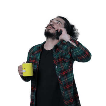 expression of curly haired man holding a coffee cup png