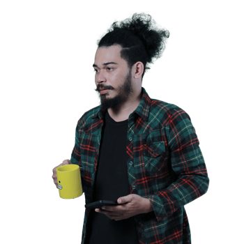 expression of curly haired man holding a coffee cup png