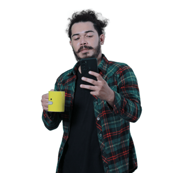 expression of curly haired man holding a coffee cup png