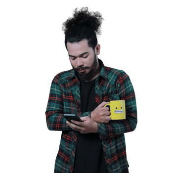 expression of curly haired man holding a coffee cup png