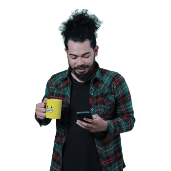 expression of curly haired man holding a coffee cup png