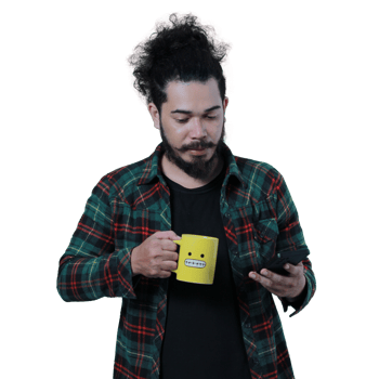 expression of curly haired man holding a coffee cup png