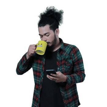 expression of curly haired man holding a coffee cup png