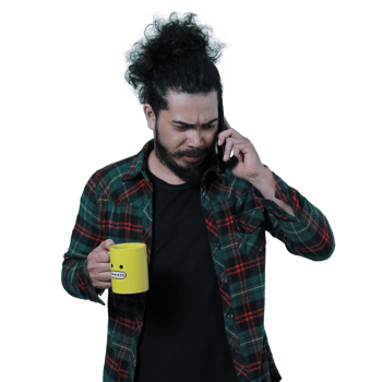 expression of curly haired man holding a coffee cup png