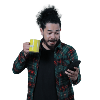 expression of curly haired man holding a coffee cup png