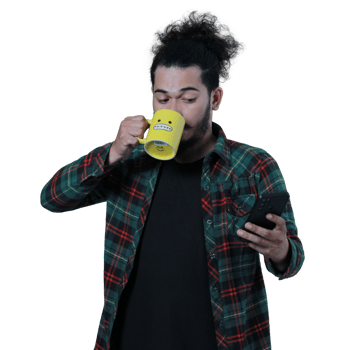 expression of curly haired man holding a coffee cup png