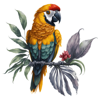 Watercolor parrot Clipart, South American parrot with tropical leaves, Cute Parrot art transparent png