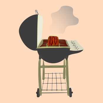 Black BBQ Grill with meat on white background. Food party icon, outdoor picnic barbecue sign. Flat vector illustration Hand drawn Clip Art