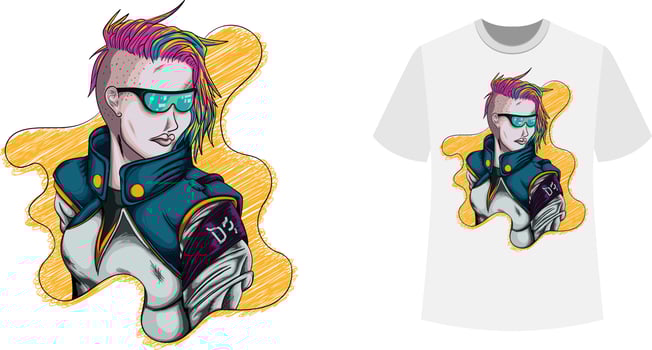 vector illustration of a futuristic girl with punk style hair, print on t-shirt