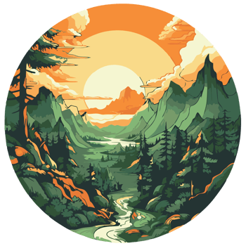 Mountain landscape with river, forest and sunset png