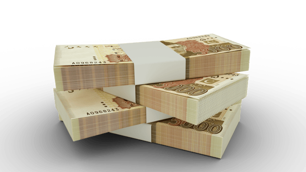 3d rendering of Stack of 5000 Pakistani rupee notes. Few bundles of Pakistani currency isolated on transparent background png
